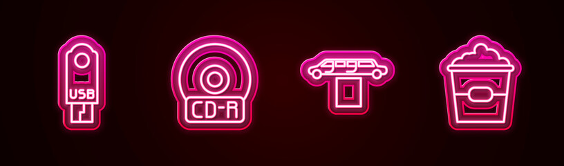 Sticker - Set line USB flash drive, CD or DVD disk, Limousine car and carpet and Popcorn box. Glowing neon icon. Vector