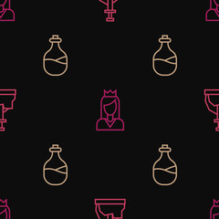 Poster - Set line Sword in the stone, Old bottle of wine and Princess on seamless pattern. Vector