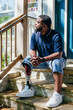 © Creative Flame - Black man with prosthetic leg sitting at front porch of new home purchase