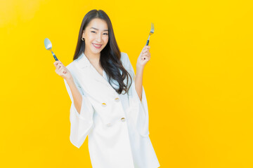 Sticker - Portrait beautiful young asian woman smile with spoon and fork