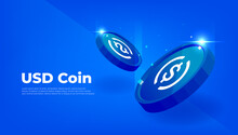 USD Coin Or USDC Coin Banner. USD Coin Digital Stablecoin With Crypto Currency Concept Banner Background.