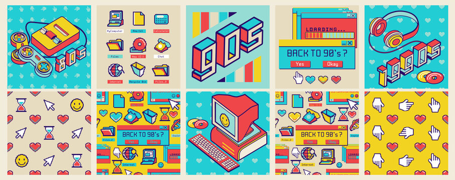 old computer aesthetic square poster and seamless pattern. sticker pack of retro computer elements. 