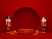 Christmas Theme Of Geometric Podium For Product With Nutcracker, 3d Illustration