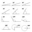 Set of different degrees angles. Geometric mathematical degree angle with arrow icon isolated. Educational school geometry learning materials