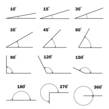 Set Of Different Degrees Angles. Geometric Mathematical Degree Angle With Arrow Icon Isolated. Educational School Geometry Learning Materials