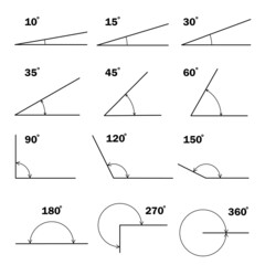 set of different degrees angles. geometric mathematical degree angle with arrow icon isolated. educa