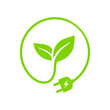 Green leaf with plug electric icon, Renewable power and clean energy, Eco friendly charging symbol, Vector illustration