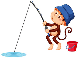 Wall Mural - Fishing monkey cartoon character