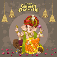 Ganesh Chaturthi Greetings with bell design and spiritual elements