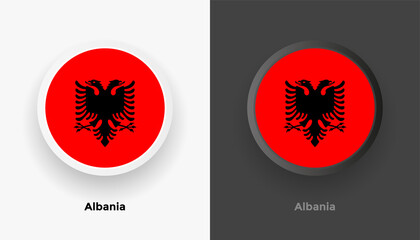 Set of two Albania flag buttons in black and white background. Abstract shiny metallic rounded buttons with national country flag