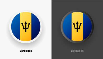 Set of two Barbados flag buttons in black and white background. Abstract shiny metallic rounded buttons with national country flag