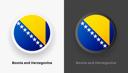 Set of two Bosnia and Herzegovina flag buttons in black and white background. Abstract shiny metallic rounded buttons with national country flag