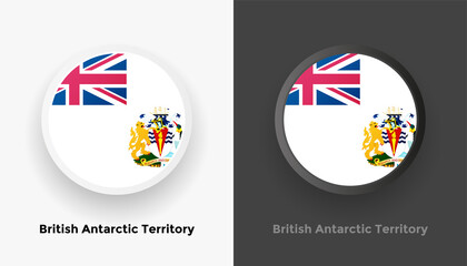 Set of two British Antarctic Territory flag buttons in black and white background. Abstract shiny metallic rounded buttons with national country flag