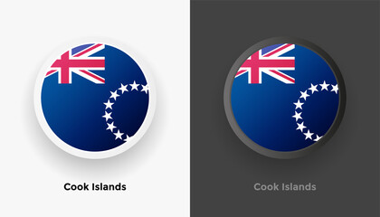 Set of two Cook Islands flag buttons in black and white background. Abstract shiny metallic rounded buttons with national country flag