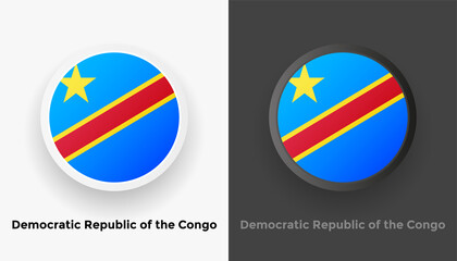 Set of two Democratic Republic of the Congo flag buttons in black and white background. Abstract shiny metallic rounded buttons with national country flag