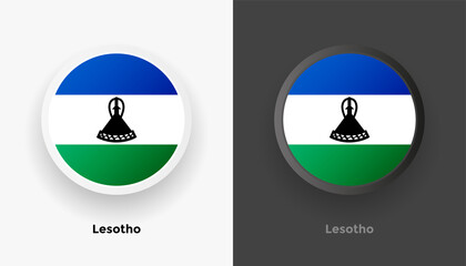 Set of two Lesotho flag buttons in black and white background. Abstract shiny metallic rounded buttons with national country flag