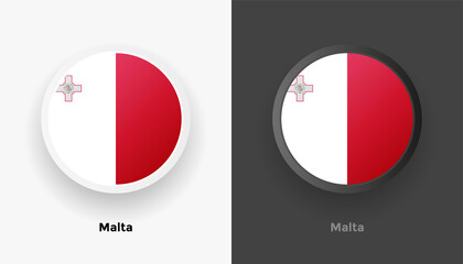 Set of two Malta flag buttons in black and white background. Abstract shiny metallic rounded buttons with national country flag