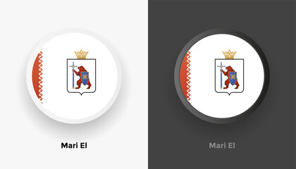 Set of two Mari El flag buttons in black and white background. Abstract shiny metallic rounded buttons with national country flag