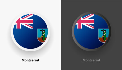 Set of two Montserrat flag buttons in black and white background. Abstract shiny metallic rounded buttons with national country flag