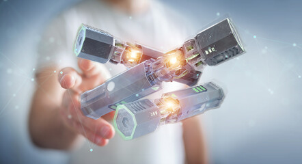Poster - Man holding and touching green renewable energy battery 3D rendering