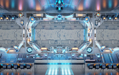 Wall Mural - white spaceship interior with glowing control panels. futuristic space station background with blue 