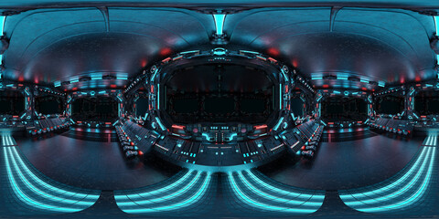 Leinwandbilder - HDRI panoramic view of dark blue spaceship interior with windows. High resolution 360 degrees panorama reflection mapping of a futuristic spacecraft 3D rendering