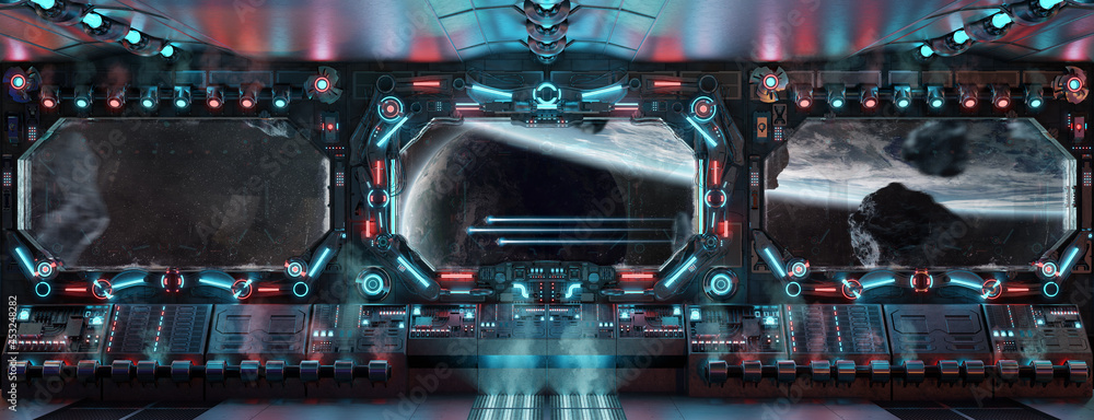 Dark spaceship interior with glowing blue and red lights. Futuristic ...
