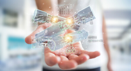Poster - Man holding and touching green renewable energy battery 3D rendering