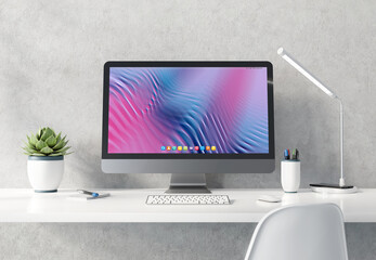 Wall Mural - modern black and silver computer on white desktop concrete interior mockup 3d rendering