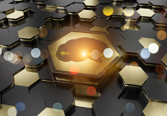 Aufkleber - Brain icon concept engraved on gold hexagonal pedestral background. Artificial intelligence symbol glowing on abstract digital surface. 3d rendering