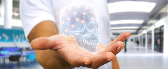 Leinwandbilder - Man using digital x-ray skull holographic scan projection 3D rendering