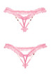 Detail shot of pink erotic crotchless panties with lace frill, chains and butterfly applique. Sexy lingerie is isolated on the white background. Front and back views. 