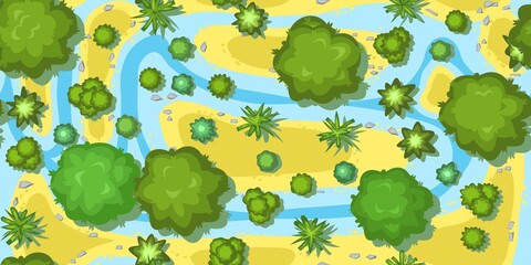 Wall Mural - top view of the landscape from a height. river and sand. green summer scenery with trees. seamless i