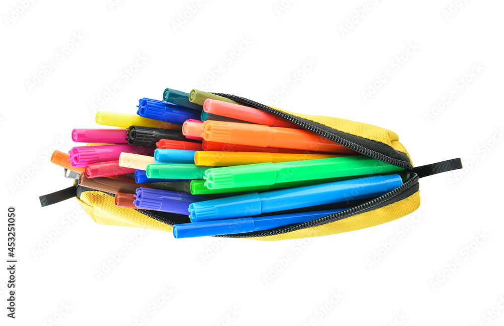 Case with colorful markers on white background