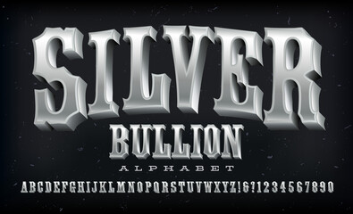 Wall Mural - Silver Bullion western style alphabet. A condensed ornate font with a 3d shiny silver metallic effect.