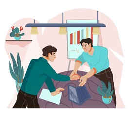 Wall Mural - Business agreement, deal  conclusion scene with handshaking men cartoon characters. Partnership contract or agreement signing. Successful business negotiation, flat vector illustration isolated.