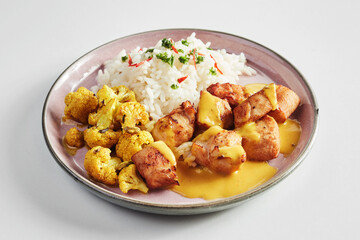 Wall Mural - Spicy chicken curry with basmati rice and cauliflower