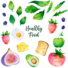Healthy Food Watercolor Illustrations Of Fig, Tomato, Avocado, Strawberry And Lettuce. Organic Food For Fitness Hand-drawn Set. Vegetables And Fruits On White Background