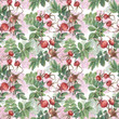 © Zinziber - Hand-drawn seamless pattern with pink flowers, leaves and rose hips. Isolated plant elements on a white background. Botanical texture for decoration, packaging, fabrics, designs, etc.