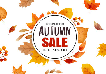 Wall Mural - autumn sale banner template background. autumn shopping sale with leaves frame and text.