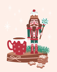 Poster - Holiday Christmas cute nutcracker, biscuits and sweets for cards, media, fabric, linen, textiles and wallpaper