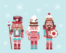 Holiday Christmas Cute Set Nutcracker, Biscuits And Sweets For Cards, Media, Fabric, Linen, Textiles And Wallpaper