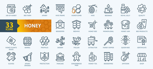 honey, apiary, beekeeping - thin line web icon set. contains such icons as beekeeper, beehives, prop