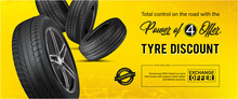 Tyre Discount. Advertisement Flyer In Yellow Background. Promo Action For Buying Four Car Wheels. 