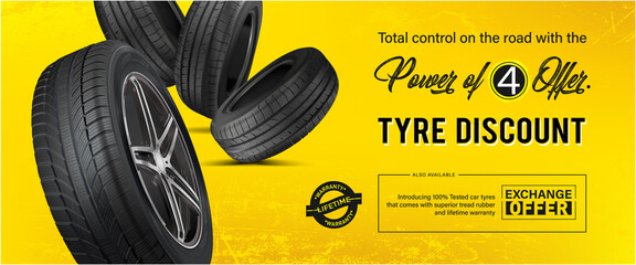 Tyre discount. Advertisement flyer in yellow background. Promo action for buying four car wheels. 