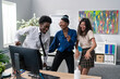 canvas print picture - Dance at work, office, break from duties, company party, two girls and a man in a shirt and tie dancing together, fooling around, laughing, smiling, relieving stress, music playing from the computer