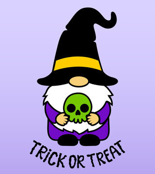 Halloween gnome with skull. Trick or treat phrase. Cute cartoon character in a wizard hat. Holidays greeting card. Funny vector illustration with text. For invitations, cards, posters, sublimation.