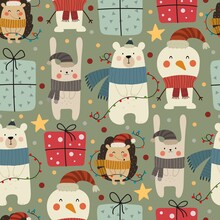 Holiday Seamless Pattern With Cartoon Polar Bear, Hedgehog, Hare, Present, Decor Elements. Colorful Vector For Kids, Flat Style. Hand Drawing. Baby Design For Fabric, Textile, Print, Wrapper.