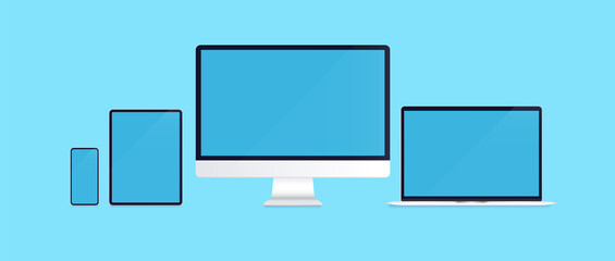 Poster - Devices with empty screens template. Realistic vector illustrations of unbranded smartphone, tablet, desktop and laptop on blue background. For use in mockups and presentations.