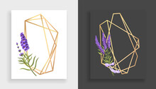 Geometric Frame Polyhedron. Abstract Gold Floral Frame With Leaves And Branch Of Lilac. Luxury Decorative Modern Polygonal Geometric Banner. Polyhedron Closeup. Beautiful Wedding Card Templates